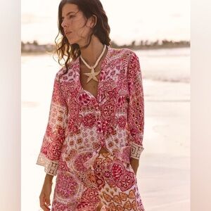 Zara Multicolor Patchwork Boho Blouse Crochet Lace Cuffs Size XL Resort Style